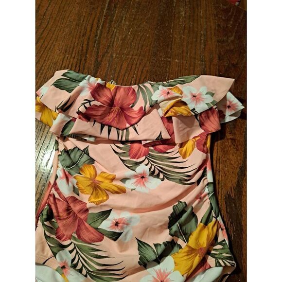 Medium Kona Sol Strapless Ruffle Floral One Piece Padded Swimsuit Bathing Suit - Picture 2 of 5